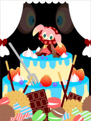 Rule 34 | 10s, bad id, bad pixiv id, cake, candy, charlotte (madoka magica), chocolate, chocolate bar, cookie, cracker, food, food focus, fork, fruit, highres, in food, mahou shoujo madoka magica, mahou shoujo madoka magica (anime), no humans, pecopoco9, sitting, solo, strawberry, wrapped candy