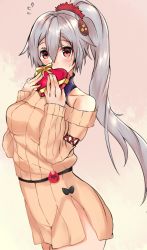 Rule 34 | alternate costume, archer inferno, blush, covering own mouth, cowboy shot, dress, fate/grand order, fate (series), gift, grey hair, hair between eyes, highres, long hair, ponytail, red eyes, smile, solo, tomoe gozen (fate), tomoe gozen (first valentine) (fate)