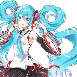 Rule 34 | 1girl, absurdly long hair, absurdres, aqua eyes, aqua hair, aqua necktie, armpits, bare shoulders, black skirt, camellia, detached sleeves, floral print, flower, frilled sleeves, frills, gold trim, hair flower, hair ornament, hair ribbon, hands up, hatsune miku, hatsune miku expo, highres, long hair, looking at viewer, mizuamemochimochi, multicolored hair, necktie, petals, red ribbon, ribbon, shirt, skirt, sleeveless, sleeveless shirt, smile, solo, streaked hair, twintails, upper body, very long hair, vocaloid, white background, wide sleeves