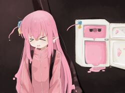 Rule 34 | 1girl, absurdres, bocchi the rock!, cube hair ornament, gotoh hitori, guitar, hair between eyes, hair ornament, highres, instrument, instrument case, jacket, long hair, long sleeves, melting, naaga sonomono, open mouth, pink hair, pink jacket, pink track suit, refrigerator, side ahoge, simple background, solo, track jacket