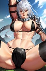Rule 34 | 1girl, absurdres, armor, bikini, bikini armor, black bikini, black thighhighs, blush, breasts, bulge, closed mouth, cloud, cloudy sky, commission, emo37337640, grass, highres, implied futanari, large breasts, long hair, looking at viewer, muscular, muscular female, navel, pauldrons, ponytail, red eyes, shoulder armor, silver trim, sitting, skeb commission, sky, solo, spread legs, swimsuit, thighhighs, white hair