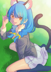Rule 34 | 1girl, animal ears, between legs, blue hair, blue nails, cat ears, cat girl, cat tail, collared shirt, hair over shoulder, hand between legs, jj (ssspulse), long hair, long sleeves, looking at viewer, miniskirt, nail polish, pleated skirt, precure, shirt, sitting, skirt, solo, star twinkle precure, tail, tongue, tongue out, twintails, wariza, white shirt, white skirt, wing collar, yellow eyes, yuni (precure)