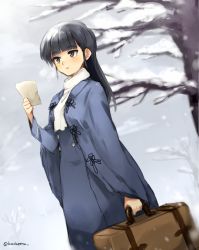 Rule 34 | 1girl, bad id, bad twitter id, bare tree, black hair, briefcase, brown eyes, holding, kodamari, long coat, long hair, aged up, open mouth, sakamoto mio, scarf, snow, solo, strike witches, tree, twitter username, white scarf, winter, winter clothes, world witches series