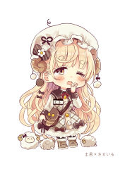 Rule 34 | 1girl, absurdres, animal, bag, black pantyhose, blonde hair, blush, boots, brown eyes, brown footwear, chibi, curled horns, dress, full body, fur-trimmed boots, fur trim, hat, highres, horns, long hair, long sleeves, mob cap, one eye closed, open mouth, original, pantyhose, plaid, plaid dress, sakura oriko, sheep, sheep horns, short eyebrows, shoulder bag, simple background, solo, standing, tears, thick eyebrows, translated, very long hair, wavy mouth, white background, white dress, white hat, yawning