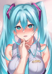 Rule 34 | 1girl, alternate breast size, black sleeves, blue eyes, blue hair, blush, breasts, collared shirt, copyright name, detached sleeves, embarrassed, grey background, grey shirt, hair between eyes, hair ornament, hatsune miku, highres, inue ao, large breasts, long hair, looking at viewer, open mouth, shirt, skindentation, sleeveless, sleeveless shirt, solo focus, sweatdrop, twintails, upper body, very long hair, vocaloid, wing collar