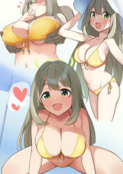 Rule 34 | 1girl, :d, bikini, blue archive, blush, grabbing another&#039;s breast, breasts, closed mouth, front-tie bikini top, front-tie top, grabbing, grabbing from behind, green eyes, grey hair, hat, heart, highres, kumanomi, large breasts, long hair, looking at viewer, multiple views, navel, nonomi (blue archive), open mouth, side-tie bikini bottom, smile, spoken heart, sun hat, swimsuit, very long hair, white headwear, yellow bikini