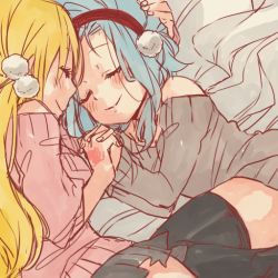 Rule 34 | 2girls, bare shoulders, bed, bed sheet, blonde hair, blue hair, blush, breasts, closed eyes, closed mouth, couple, cuddling, fairy tail, forehead-to-forehead, hair ornament, hairband, hand on another&#039;s head, hand tattoo, happy, heads together, holding hands, hug, interlocked fingers, levy mcgarden, long hair, lucy heartfilia, lying, multiple girls, on bed, on side, one-armed hug, rusky, shirt, skirt, smile, tattoo, thighhighs, thighs