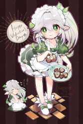 1girl :t alternate_costume apron blush candy chocolate chocolate_heart closed_mouth commentary_request cross-shaped_pupils dress eating enmaided food frilled_apron frilled_hairband frills genshin_impact green_dress green_eyes green_hair hair_between_eyes hair_ornament hairband happy_valentine heart heart-shaped_food holding holding_chocolate holding_food holding_plate leaf_hair_ornament leaning_forward long_hair looking_at_viewer maid maid_headdress multicolored_hair multiple_views nahida_(genshin_impact) plate pointy_ears side_ponytail smile standing streaked_hair symbol-shaped_pupils toro_astro white_apron white_footwear white_hair white_hairband