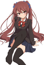 Rule 34 | 10s, 1girl, akazawa izumi, another, black thighhighs, blazer, blush, brown hair, convenient leg, hair ribbon, jacket, long hair, looking at viewer, nel-c, pleated skirt, red eyes, ribbon, school uniform, simple background, sitting, skirt, solo, thighhighs, twintails, very long hair, white background, zettai ryouiki