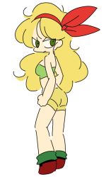 Rule 34 | 1girl, angry, artist request, bare shoulders, blonde hair, clenched hand, commentary, dragon ball, green eyes, hair ribbon, long hair, looking back, lunch (bad) (dragon ball), lunch (dragon ball), midriff, ribbon, short shorts, shorts, solo, standing, strapless, tube top, wavy hair