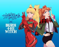 Rule 34 | 2girls, blonde hair, blue eyes, bodysuit, brown hair, burn the witch, cape, capelet, cosplay, costume switch, crossdressing, crossover, green eyes, looking at viewer, multiple girls, neon genesis evangelion, ninny spangcole, open mouth, parted lips, plugsuit, red bodysuit, souryuu asuka langley, suspenders, thigh strap, title, twintails, wand, wide hips, xamurai
