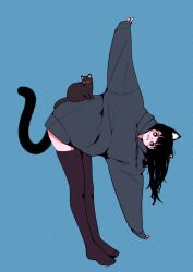 Rule 34 | 1girl, animal, animal ears, animal on back, bent over, black eyes, black hair, black thighhighs, blush stickers, bright pupils, cat, cat ears, cat girl, cat tail, drawstring, full body, highres, hood, hood down, leaning to the side, megateru, open mouth, original, oversized clothes, sleeves past wrists, solo, tail, thighhighs, white pupils