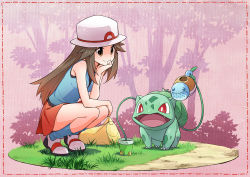Rule 34 | 1girl, absurdres, bag, brown eyes, brown hair, bulbasaur, commentary request, creatures (company), full body, game freak, gen 1 pokemon, grass, hat, highres, jii (seiga7099526), leaf (pokemon), nintendo, pokemon, pokemon (creature), pokemon frlg, red skirt, shirt, sitting, skirt, sleeveless, sleeveless shirt, smile, squirt bottle (pokemon), squirtle, sun hat, tree, watering can
