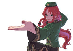 Rule 34 | 1girl, absurdres, alternate costume, beret, black bow, black skirt, blush, bow, chinese clothes, commentary request, dragon print, eyeshadow, foreshortening, green eyes, green hat, green shirt, hair bow, hat, highres, hong meiling, kawayabug, lipstick, long hair, long sleeves, makeup, nail polish, pink lips, red hair, red nails, shirt, simple background, skirt, smile, solo, star (symbol), touhou, upper body, white background