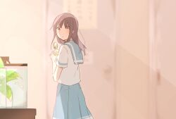 Rule 34 | 1girl, aquarium, blue hair, blue sailor collar, blue skirt, blurry, blurry background, blush, brown eyes, can, cetacea kw, curtains, hands up, hibike! euphonium, highres, holding, holding can, indoors, kitauji high school uniform, liz to aoi tori, long hair, looking at viewer, looking back, parted lips, plant, pleated skirt, potted plant, red eyes, sailor collar, school uniform, serafuku, shirt, short sleeves, skirt, solo, standing, white shirt, yoroizuka mizore