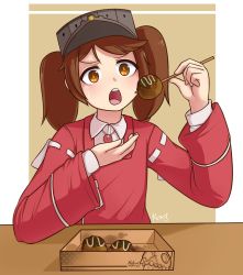 Rule 34 | &gt;:o, 10s, 1girl, :o, artist name, brown hair, dress, eating, food, hat, highres, jacy, kantai collection, open mouth, red dress, ryuujou (kancolle), solo, sweat, takoyaki, twintails, v-shaped eyebrows, yellow eyes