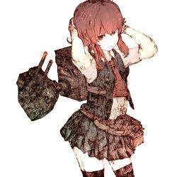 Rule 34 | 10s, 1girl, adjusting hair, arashi (kancolle), arms behind head, arms up, backpack, bag, black thighhighs, cannon, contrapposto, cowboy shot, gurin33, kantai collection, limited palette, red eyes, red hair, sidelocks, simple background, sketch, skirt, solo, standing, thighhighs, turret, vest, white background, zettai ryouiki