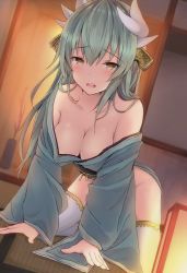 Rule 34 | 1girl, all fours, bare shoulders, blurry, blurry background, breasts, brown eyes, cleavage, collarbone, commentary request, depth of field, dragon horns, dutch angle, fate/grand order, fate (series), green hair, green kimono, hair between eyes, headgear, highres, horns, indoors, japanese clothes, kimono, kiyohime (fate), lantern, large breasts, long hair, long sleeves, looking at viewer, obi, off shoulder, open mouth, paper lantern, pelvic curtain, round teeth, sash, sleeves past wrists, solo, teeth, thighhighs, upper teeth only, very long hair, white thighhighs, wide sleeves, yuzuzukushi