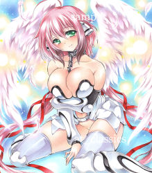 Rule 34 | 1girl, absurdly long hair, ahoge, artist name, at classics, bare shoulders, between legs, blush, breast hold, breasts, chain, cleavage, closed mouth, collar, feathered wings, feathers, green eyes, groin, hair between eyes, hand between legs, ikaros, large breasts, long hair, looking at viewer, low twintails, navel, no panties, pink hair, sample watermark, sitting, smile, solo, sora no otoshimono, thighhighs, traditional media, twintails, very long hair, wariza, watermark, white thighhighs, wings