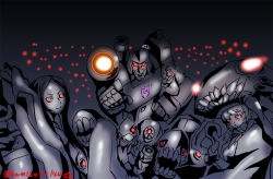 Rule 34 | 10s, 1980s (style), 1boy, 4girls, :d, abyssal ship, ahoge, barefoot, black hair, bodysuit, cannon, chi-class torpedo cruiser, claws, colored skin, crossover, decepticon, dress, glowing, glowing eyes, greyscale, hair ornament, hat, headgear, holding, horns, i-class destroyer, insignia, kamizono (spookyhouse), kantai collection, long hair, machine, machinery, mask, mecha, megatron, mittens, monochrome, monster, multiple girls, northern ocean princess, oldschool, open mouth, pale skin, pointing, pointing at viewer, red eyes, retro artstyle, robot, ru-class battleship, science fiction, short hair, single horn, sleeveless, sleeveless dress, smile, staff, teeth, tentacles, transformers, transformers: generation 1, twitter username, white dress, white hair, white skin, wo-class aircraft carrier
