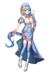 Rule 34 | 1girl, blue dress, blue eyes, blue gloves, blue hair, blue hat, blue thighhighs, boots, braid, breasts, cleavage, comfey, creatures (company), dress, female focus, flower, full body, game freak, gen 7 pokemon, gloves, hair flower, hair ornament, hat, kasuka108, large breasts, long hair, looking at viewer, nintendo, personification, pokemon, smile, solo, standing, thighhighs, very long hair, white footwear