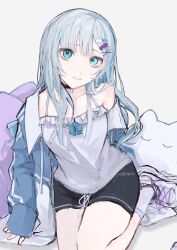 Rule 34 | 1girl, absurdres, black choker, black shorts, blue eyes, blue hair, blue jacket, camisole, choker, collarbone, commentary, frilled camisole, frills, hair ornament, hairclip, highres, jacket, kaga sumire, kajiwara 3, long hair, long sleeves, looking at viewer, open clothes, open jacket, parted lips, seiza, shorts, sidelocks, signature, simple background, single bare shoulder, single off shoulder, sitting, smile, socks, solo, spaghetti strap, virtual youtuber, vspo!, white background, white camisole, white footwear, white socks, x hair ornament, zzz