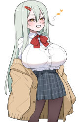 Rule 34 | 1girl, akitokage, bow, bowtie, breasts, dress shirt, green hair, grey skirt, hair ornament, hairclip, highres, huge breasts, jacket, long hair, mole, mole under mouth, musical note, off shoulder, open mouth, original, pantyhose, plaid, plaid skirt, pleated skirt, red bow, red bowtie, school uniform, shirt, skirt, solo, spoken musical note, white shirt, yellow eyes, yellow jacket