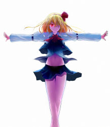 Rule 34 | bare legs, blonde hair, glowing, glowing eye, groin, hair over one eye, highres, crossed legs, looking at viewer, midriff, navel, aged up, outstretched arms, red eyes, red ribbon, ribbon, rumia, short hair, smile, solo, spread arms, standing, touhou, wind, wind lift, xuanlin jingshuang