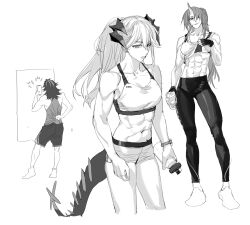 Rule 34 | 1boy, 2girls, abs, arknights, bare shoulders, biceps, black leggings, black tank top, bottle, breasts, cellphone, clothes lift, fingerless gloves, gloves, greyscale, highres, holding, holding bottle, holding phone, horns, hoshiguma (arknights), leggings, long hair, looking at viewer, medium breasts, midnight (arknights), midriff, mirror, monochrome, multiple girls, muscular, muscular female, navel, phone, ponytail, rhine lab logo, saria (arknights), scar, scar on face, shirt lift, shoes, shorts, single horn, sketch, skin tight, smartphone, sneakers, sports bra, sportswear, tail, taking picture, tall female, tank top, water bottle, white tank top, wristband, yu yanshu