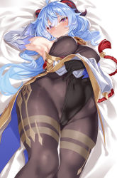 Rule 34 | 1girl, adjusting clothes, ahoge, arm up, armpits, bare shoulders, bed sheet, bell, black gloves, black leotard, black pantyhose, blue hair, blush, bodystocking, bodysuit, breasts, cameltoe, cle masahiro, clothes lift, covered navel, cowbell, detached sleeves, embarrassed, ganyu (genshin impact), genshin impact, gloves, goat horns, gold trim, groin, half-closed eyes, horns, large breasts, legs together, leotard, leotard pull, leotard under clothes, lifting own clothes, long hair, long sleeves, looking at viewer, lying, medium breasts, neck bell, on back, on bed, pantyhose, pulling own clothes, purple eyes, sidelocks, solo, tassel, thighs, white sleeves
