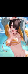 Rule 34 | 1girl, absurdres, arms up, beach, bikini, blue eyes, breasts, brown hair, cloud, commentary request, hairband, highres, hololive, jacket, letterboxed, looking at viewer, mikaku, navel, ocean, oozora subaru, oozora subaru (hololive summer 2019), open mouth, polka dot, short hair, sky, solo, striped bikini, striped clothes, sweat, swimsuit, vertical stripes, virtual youtuber, water