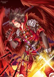 Rule 34 | 1boy, absurdres, armor, axe, belt, black hair, blood, cloud, dagger, feathers, gloves, green eyes, grin, highres, injury, knife, magic, male focus, sky, smile, solo, songwut ouppakarndee, sword, weapon, wings