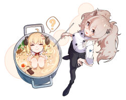 Rule 34 | 2girls, :p, ?, ahoge, animal ears, bad kim, black pantyhose, blonde hair, blush, breasts, buttons, cooking pot, double-breasted, earrings, food, grey eyes, grey hair, hair ornament, hairclip, hand on own hip, hololive, horns, jewelry, ladle, lion ears, lion girl, long hair, looking at viewer, looking up, medium breasts, multiple girls, noodles, pantyhose, ramen, sheep horns, shishiro botan, simple background, sitting, skirt, smile, spoken question mark, tongue, tongue out, tsunomaki watame, tsunomaki watame (1st costume), virtual youtuber, white background