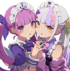 Rule 34 | 2girls, :o, ahoge, bare shoulders, blue hair, blue nails, blunt bangs, blush, bow, bowtie, braid, breasts, chromatic aberration, colored inner hair, dress, hair ornament, hair ribbon, hat, heads together, highres, holding hands, hololive, interlocked fingers, long hair, long sleeves, looking at viewer, maid, maid headdress, minato aqua, minato aqua (1st costume), multicolored hair, multiple girls, murasaki shion, murasaki shion (magical girl maid), nail polish, open mouth, pink bow, pink bowtie, pink hair, purple bow, purple bowtie, purple eyes, purple hair, remini (scenceremini), ribbon, shiokko (murasaki shion), silver hair, simple background, small breasts, streaked hair, twintails, two-tone hair, upper body, virtual youtuber, white background, wrist cuffs, yellow eyes