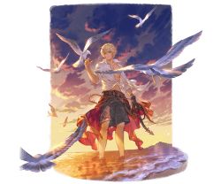 Rule 34 | 1boy, abs, albert (shingeki no bahamut), animal on arm, bird, bird on arm, blonde hair, cloud, cloudy sky, granblue fantasy, happy, jacket, muscular, official art, open clothes, open jacket, open shirt, seagull, shore, sky, smile, summer, sunset, toned, toned male, transparent background