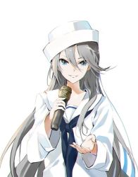 Rule 34 | 10s, 1girl, bad id, bad twitter id, black neckerchief, blouse, blue eyes, commentary request, dixie cup hat, flint (girls und panzer), gesture, girls und panzer, grey hair, hat, holding, holding microphone, long hair, long sleeves, looking at viewer, microphone, military hat, naye, neckerchief, ooarai naval school uniform, parted lips, sailor, sailor collar, school uniform, shirt, simple background, smile, solo, standing, upper body, white background, white hat, white shirt