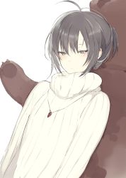 Rule 34 | 1boy, ahoge, androgynous, closed mouth, half-closed eyes, jewelry, lpip, male focus, necklace, original, sidelocks, simple background, solo, stuffed animal, stuffed toy, sweater, teddy bear, turtleneck, turtleneck sweater, upper body, white background
