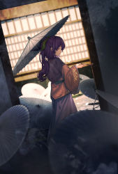 Rule 34 | 1girl, blurry, blurry background, blurry foreground, closed mouth, depth of field, dutch angle, furahata gen, hair ribbon, highres, holding, holding smoking pipe, holding umbrella, kiseru, komakusa sannyo, light smile, long hair, looking back, oil-paper umbrella, profile, purple hair, red eyes, red robe, ribbon, robe, smoke, smoking pipe, solo, standing, touhou, umbrella, wide sleeves, yellow ribbon