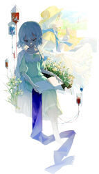Rule 34 | 1girl, absurdres, backlighting, blood, blood bag, blue neckerchief, blue scarf, book, book on lap, cristallo, dress, flat chest, flower, full body, gauze, gauze on arm, gauze on leg, green eyes, green nightgown, hand up, hat, highres, invisible chair, long dress, long sleeves, looking down, mrruaaa, multiple views, neckerchief, open book, painting (object), profile, puffy short sleeves, puffy sleeves, reverse:1999, scarf, shirt, shirt on shoulders, short hair, short sleeves, sitting, socks, straw hat, striped clothes, striped shirt, unworn scarf, vertical-striped clothes, vertical-striped shirt, white background, white dress, white hair, white shirt, white socks