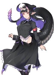 Rule 34 | 1girl, black footwear, black hair, black nails, black necktie, black skirt, black thighhighs, braid, breasts, closed mouth, commentary request, covered navel, dragon girl, dragon horns, dragon tail, extra horns, fingernails, highres, hime cut, horns, long fingernails, long hair, long sleeves, looking at viewer, low wings, medium breasts, mixed horns, multicolored hair, necktie, original, pointy ears, purple hair, red eyes, scales, see-through, see-through skirt, sharp fingernails, shirt, simple background, single braid, skirt, solo, tail, thighhighs, toriniku29, white background, white shirt, wings