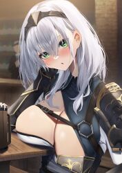 Rule 34 | 1girl, absurdres, amane sora, armor, beer mug, blush, breast rest, breasts, chest harness, cleavage, cleavage cutout, clothing cutout, cup, elbow rest, green eyes, grey hair, hair between eyes, harness, headband, heart, heart-shaped pupils, highres, hololive, indoors, large breasts, long hair, looking at viewer, mole, mole on breast, mug, open mouth, restaurant, shirogane noel, shirogane noel (1st costume), sitting, solo focus, symbol-shaped pupils, unaligned breasts, upper body, virtual youtuber