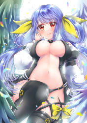 Rule 34 | 1girl, angel wings, arm up, armpits, asymmetrical wings, bare shoulders, black thighhighs, blue hair, blurry, blush, breasts, center opening, choker, cleavage, closed mouth, depth of field, detached sleeves, dizzy (guilty gear), feathered wings, feathers, guilty gear, guilty gear x, guilty gear xx, hair ribbon, hair rings, highres, large breasts, long hair, looking at viewer, monster girl, navel, open clothes, red eyes, ribbon, simple background, smile, solo, stomach, tail, tail ornament, tail ribbon, thigh strap, thighhighs, thighs, thrylos su, twintails, underboob, white background, wings, yellow ribbon