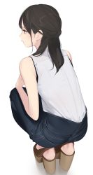 Rule 34 | 1girl, ama mitsuki, bare shoulders, blue pants, brown eyes, brown hair, denim, from behind, highres, jeans, long hair, original, pants, parted lips, sandals, shirt, sleeveless, sleeveless shirt, solo, squatting, white background, white shirt
