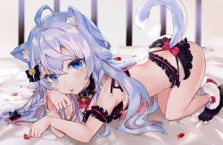 Rule 34 | 1girl, ahoge, all fours, animal ear fluff, animal ears, arm strap, ass, bed, bell, black legwear, black ribbon, blue eyes, blue hair, blurry, blush, bra, braid, breasts, cage, cat ears, cat tail, child, collar, depth of field, fangs, frilled bra, frilled panties, frills, hair ornament, hair ribbon, hand on own cheek, hand on own face, highres, lingerie, long hair, looking at viewer, nana kagura, neck bell, original, panties, paw shoes, red hair, red ribbon, ribbon, sidelocks, small breasts, solo, string bra, tail, tongue, tongue out, top-down bottom-up, underwear, virtual youtuber