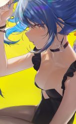 Rule 34 | 1girl, absurdres, black choker, blue hair, breasts, brown pantyhose, choker, cleavage, collarbone, hand up, highres, hololive, long hair, looking at viewer, medium breasts, orange eyes, pantyhose, seicoh, simple background, solo, thick eyebrows, usada pekora, virtual youtuber, yellow background