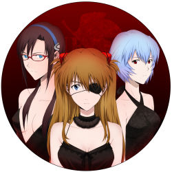 Rule 34 | 00s, 10s, 3girls, ayanami rei, bad id, bad pixiv id, blue eyes, blue hair, brown hair, chimachi, dress, evangelion: 2.0 you can (not) advance, evangelion: 3.0 you can (not) redo, eyepatch, glasses, hairband, heart, highres, makinami mari illustrious, multiple girls, neon genesis evangelion, rebuild of evangelion, red eyes, short hair, souryuu asuka langley, twintails