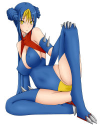 Rule 34 | 1girl, arm support, bare shoulders, blue hair, boots, breasts, cameltoe, claws, emukon, covered erect nipples, garchomp, highres, large breasts, leotard, long hair, looking at viewer, multicolored hair, personification, pokemon, sitting, slit pupils, solo, spikes, thigh boots, thighhighs, two-tone hair, yellow eyes