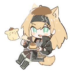Rule 34 | 1girl, :d, animal ears, arknights, black hairband, black jacket, black thighhighs, blush stickers, brown skirt, chibi, earpiece, extra ears, food, green eyes, grey shirt, hairband, hat, highres, horn (arknights), jacket, long hair, open clothes, open jacket, open mouth, pudding, reiya (yukeewoof), shirt, simple background, skirt, smile, solo, tail, thighhighs, white background, wolf ears, wolf girl, wolf tail