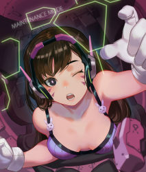 Rule 34 | 1girl, bare shoulders, bikini, breasts, brown eyes, brown hair, collarbone, commentary, d.va (overwatch), downblouse, facepaint, facial mark, gloves, headphones, highres, long hair, medium breasts, one eye closed, open mouth, overwatch, overwatch 1, salmon88, solo, swept bangs, swimsuit, whisker markings, white gloves