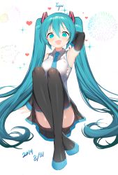 Rule 34 | 1girl, :d, aerial fireworks, arm up, armpits, artist name, ass, bad id, bad pixiv id, black footwear, black skirt, blue eyes, blue hair, boots, breasts, collared shirt, commentary request, convenient leg, dated, detached sleeves, fang, fireworks, hair ornament, hatsune miku, heart, highres, knees up, long hair, long sleeves, looking at viewer, medium breasts, miniskirt, necktie, open mouth, shirt, sitting, skirt, smile, solo, sparkle, thigh boots, thighhighs, topu, twintails, very long hair, vocaloid, white shirt